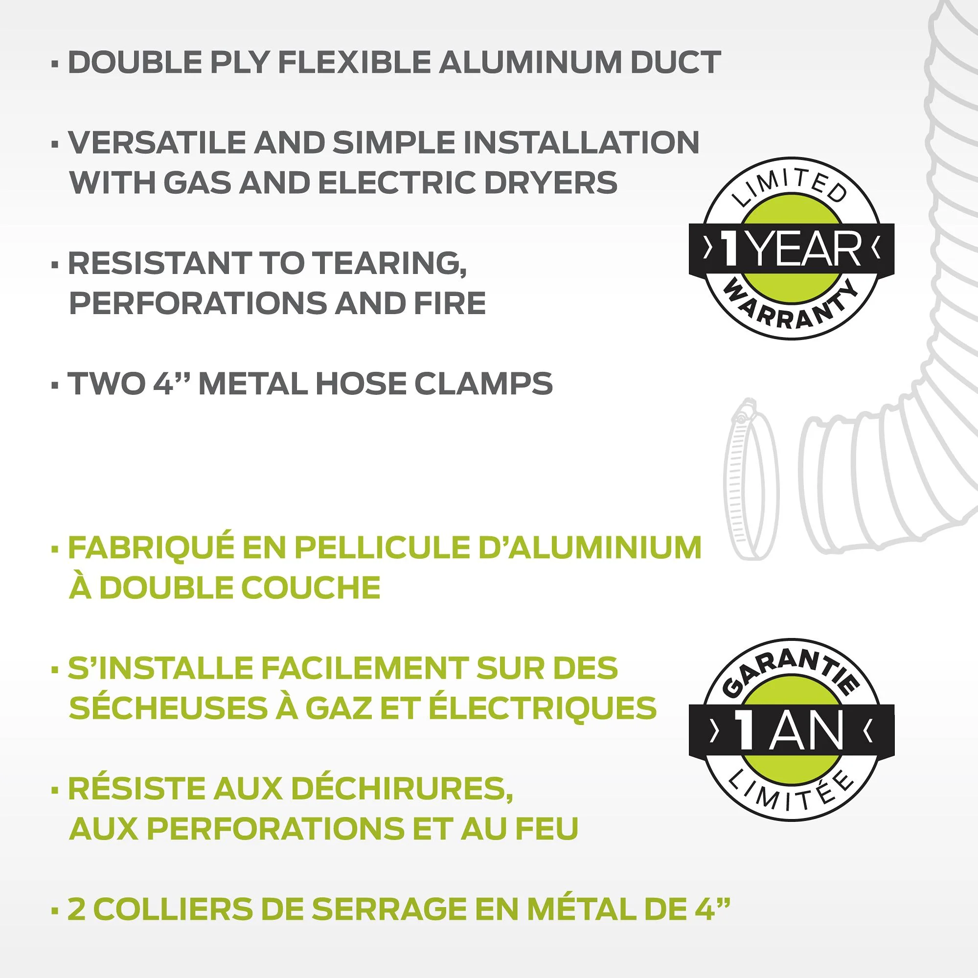 Comerco Conduit flexible en aluminium pour sécheuse - 4’’ x 8’ / 10,2 cm x 2,4 m 3299.10501 - Image 3