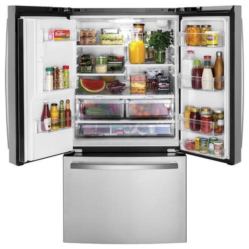 Germain Larivière Réfrigérateur portes françaises 3-portes amovible de 36 po, 25,6 pi cu avec système Multiflow Air GE GFE26JYMFS- Vente finale - Boite ouverte - Vendu tel quel - Image 4