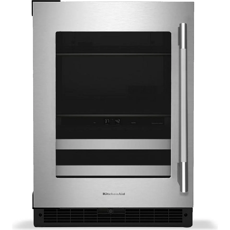 KitchenAid Centre de breuvages sous le comptoir de 4,8 pi. cu. avec porte en verre et clayettes à façade en bois KUBL524SSB